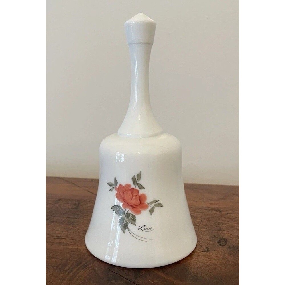 Fenton Bell White Milk Glass Hand Painted Pink Roses & Love Original Sticker